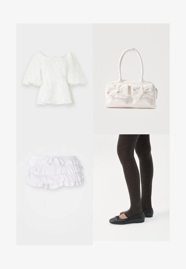 Hvid, tekstureret bluse med firkantet halsudskæring og pufærmer. Har en peplum talje, der viser et blomstermønster hele vejen igennem.; Hvid rynket svømmedragt med flere lag, der har en justerbar snøre i taljen. Blødt stof med en glat tekstur.; Ben iført mørke ribbede leggings kombineret med sorte balletsko med små sløjfedetaljer på hvid baggrund.; Hvid syntetisk håndtaske med to forlommer, hver med en bundet sløjfedetalje. Glat tekstur, afrundede håndtag og lynlås lukning.