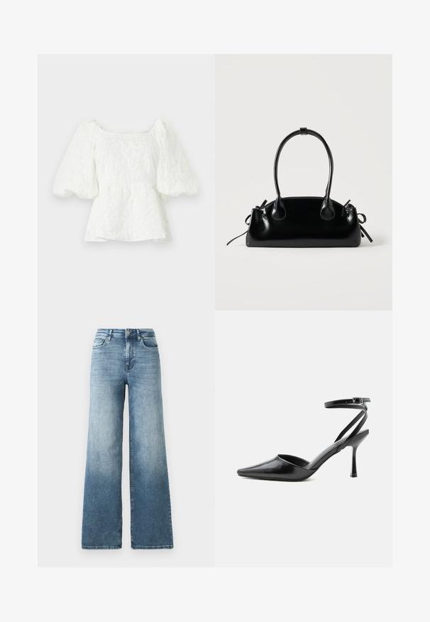 Blouse blanche texturée avec un décolleté carré et des manches bouffantes. Dispose d'une taille peplum, mettant en valeur un motif floral.; Jean en denim à jambes larges dans un délavage bleu clair, avec une taille haute, un design à cinq poches et un léger dégradé sur le tissu. Fermeture classique à bouton en métal.; Escarpin noir à bout pointu avec fines brides de cheville et fermeture à boucle argentée sur fond clair uni.; Petit sac à main noir brillant avec deux longues anses et des détails à cordon sur les côtés sur un fond clair uni.