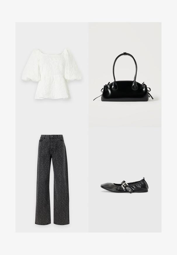 Hvid, tekstureret bluse med firkantet halsudskæring og pufærmer. Har en peplum talje, der viser et blomstermønster hele vejen igennem.; Noisy May Rhinestone - Jeans Relaxed Fit - black denim; Sorte læder flade sko med spids tå, samling detaljer omkring åbningen, og en sølv spænde accent på den justerbare rem.; Lille sort blank håndtaske med to lange håndtag og snøre-detaljer i siden på en ensfarvet lys baggrund.