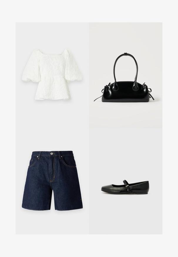 Blouse blanche texturée avec un décolleté carré et des manches bouffantes. Dispose d'une taille peplum, mettant en valeur un motif floral.; Shorts en denim bleu foncé avec des coutures contrastantes orange. Comprend cinq poches, une fermeture à bouton et un design à jambes droites.; Ballerines en cuir noir avec un bout arrondi, une semelle plate et une fine sangle ajustable sur le cou-de-pied avec une boucle en métal.; Petit sac à main noir brillant avec deux longues anses et des détails à cordon sur les côtés sur un fond clair uni.