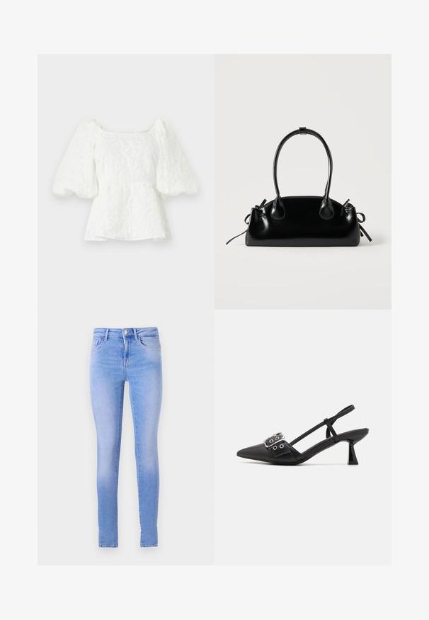 Blusa blanca texturizada con escote cuadrado y mangas abullonadas. Presenta una cintura tipo peplum que exhibe un patrón floral en toda la prenda.; Jeans skinny azul claro con un lavado descolorido, que cuentan con un diseño de cinco bolsillos, cierre de botón al frente y un dobladillo limpio.; Simmi London DALA - Tacones - black; Pequeño bolso negro brillante con dos asas largas y detalles de cordón lateral sobre un fondo claro liso.