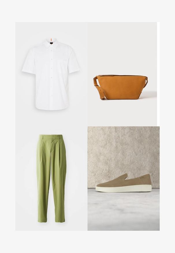 Camisa de botón blanca de manga corta hecha de algodón, con un bolsillo en el pecho, un cuello clásico y detalles de costura sutiles.; Pantalones verdes claros hechos de una tela texturizada, con una forma recta, pliegues en la parte frontal y una cinturilla estándar.; Zapato beige sin cordones con suela blanca, mostrado en el aire sobre una alfombra clara con muebles transparentes de color ámbar al fondo.; Bolso bandolera de cuero marrón claro con correa ajustable y cierre de cremallera, mostrado sobre un fondo claro y liso.