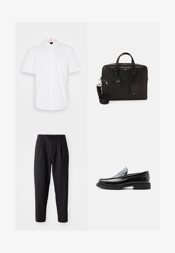 Hvid kortærmet skjorte med knapper lavet af bomuld, med en enkelt brystlomme, klassisk krave og subtile syningsdetaljer.; Sorte tapered bukser med elastisk talje og snor. Glat stof med en let tekstur, udstyret med læg og sidelommer.; Sort læderloafer med chunky gummisål, syet overdel og præget mærkenavn på hælen, vist i sideprofil på hvid baggrund.; Sort laptop-taske med en struktureret overflade, dobbelte håndtag, aftagelig rem og metalhardware. Har to mærker og et struktureret design.