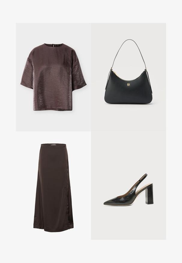 Blusa corta de manga corta de color marrón oscuro brillante con escote redondo y corte holgado, exhibida extendida sobre un fondo blanco.; Larga falda de satén marrón oscuro con cintura entallada y sutil abertura lateral, textura suave y ligero brillo.; Zapato slingback de piel negra con puntera puntiaguda, tacón alto y ancho, y forro interior beige sobre un fondo claro y liso.; Bolso de cuero negro con cremallera dorada, correa delgada y logo "HUGO" dorado centrado en el frente.