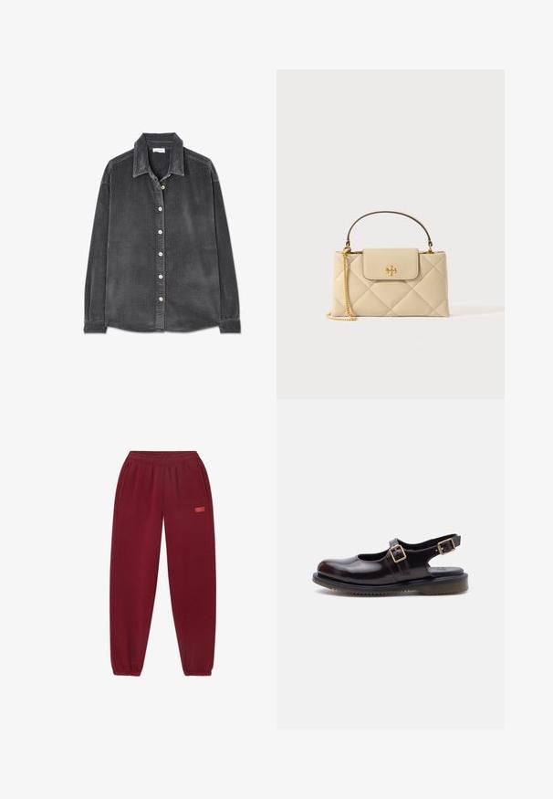 Tummanharmaa corduroy-pitkähiha nappikauluspaita, jossa kaulus ja beiget napit, asetettuna tasaisesti valkoiselle taustalle.; Burgundy collegehousut, joissa on elastinen vyötärö, sivutaskut ja kapeat lahkeet. Huomattava logo painettuna vaaleanpunaisena vasemmalle puolelle.; Tumma viininpunainen nahkainen Mary Jane -kenkä, jossa on kaksi säädettävää solkea ja musta kumipohja, esitetty sivuprofiilina valkoisella taustalla.; Vaaleanbeige kirurgikangas laukku yläkahvalla, kultaketjuhihna ja kultainen logo-embleemi etulootalla.