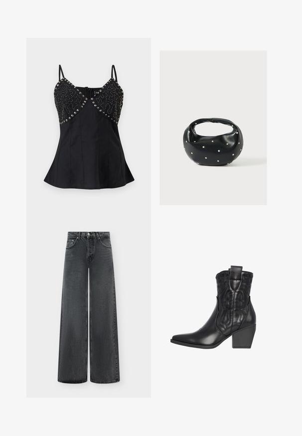 Zwarte mouwloze top met dunne bandjes, V-hals, versierd met zilverkleurige studs en kralen op de buste, en een uitlopende taille.; High waist wijde jeans in vervaagd zwart denim met knoopsluiting aan de voorkant, ritssluiting en vijfzakkenontwerp.; Zwarte leren cowboylaars met een spitse neus, geperste sterren- en bloemenpatronen, en een stevige hak voor stabiliteit. Voorzien van treklussen voor gemakkelijk aan- en uittrekken.; Zwarte leren handtas met een afgeronde vorm, versierd met zilveren studs, en een korte handgreep. Gladde textuur en ritsluiting.