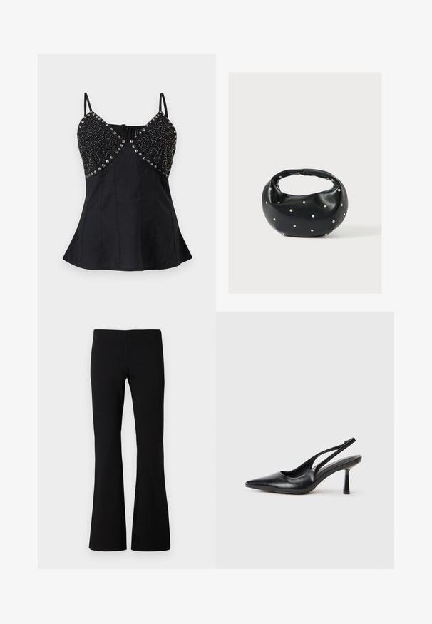 Haut noir sans manches à fines bretelles, encolure en V, orné de clous argentés et de perles sur le buste, avec une taille évasée.; Pantalon noir évasé en tissu extensible. Texture lisse avec une taille ajustée et des jambes évasées. Aucun motif ou ornement visible.; Chaussure à talon haut en cuir noir, à bride arrière, avec un bout pointu et un talon fin sur fond blanc.; Sac à main en cuir noir de forme arrondie, décoré de clous argentés et équipé d'une poignée courte. Texture lisse et fermeture éclair.