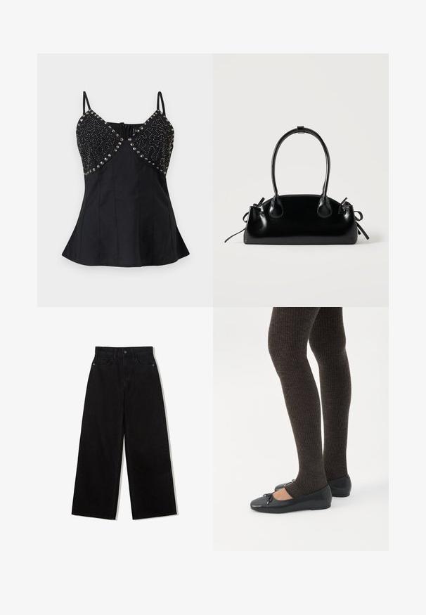Sort ærmeløs top med tynde stropper, V-udskæring, pyntet med sølvnitter og perledetaljer på brystet samt talje med vidde.; Sorte, vidde jeans lavet af denim med høj talje, med en fem-lomme design og en enkelt knaplukning foran.; Ben iført mørke ribbede leggings kombineret med sorte balletsko med små sløjfedetaljer på hvid baggrund.; Lille sort blank håndtaske med to lange håndtag og snøre-detaljer i siden på en ensfarvet lys baggrund.