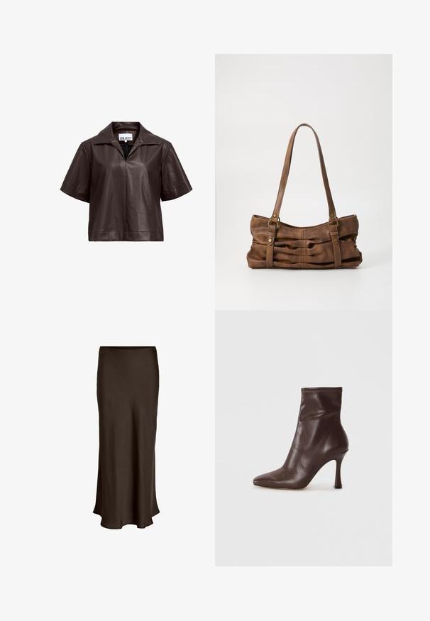 Mørkebrun kortærmet skjorte i kunstlæder med spids krave og frontsøm, med mærket "OBJECT" på indersiden af kraven.; VILA VIELLETTE HW MIDI SKIRT - NOOS - Maxinederdele - coffee bean; Brun læder ankelstøvle med spids tå og en slank stiletto hæl. Har en glat overflade og syet detalje omkring åbningen.; Even&Odd by Zalando Håndtasker - brown