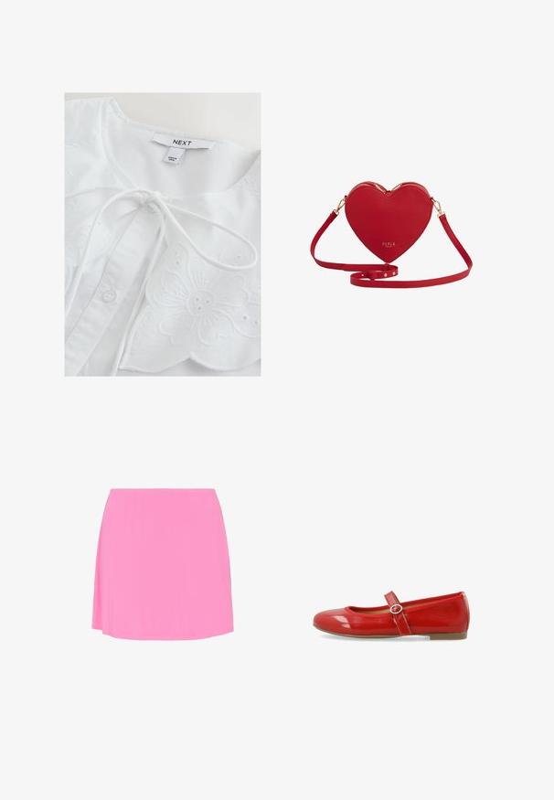Witte blouse met bloemenborduursel, met een ronde halslijn, een striksluiting en knoopdetails. Zachte katoenen stof met textuuraccenten.; Felroze, knielange rok met rechte snit en gladde stof, afgebeeld tegen een witte achtergrond.; Rode gepatenteerde leren ballerina met een ronde neus, een decoratieve band met een ronde gesp en een gladde, glanzende afwerking.; Rode leren crossbodytas in hartvorm met gouden ritsen en verstelbare riem, met het merk "Fable" in gouden letters.