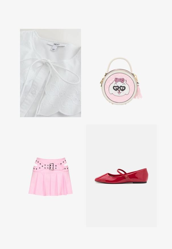 Hvid bluse med blomsterbroderi, der har rund halsudskæring, bindelukning og knapdetaljer. Blødt bomuldsstof med teksturerede accenter.; Pink plisseret mini nederdel med bred dobbeltlagret linning, sølvspænde og flere nitter til fastgørelse og dekoration.; Røde ballerinasko i laklæder med spids snude, ankelrem og en lille rund detalje på remmen. Flad sål og glat tekstur.; Rund lyserød håndtaske med hvidt og lyserødt hundefjæs med glitrende sløjfe og hjerteformede briller, et topgreb og en sidekvast lynlås træk.