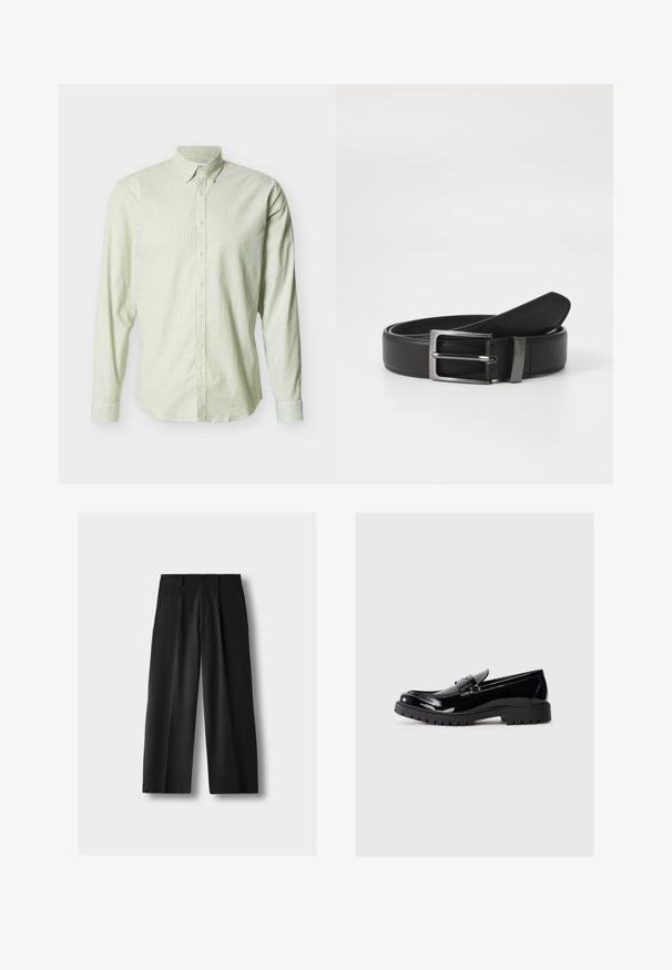 Chemise à manches longues boutonnée avec des rayures verticales vert clair et blanches, col boutonné, sur un fond uni.; Pantalon large noir taille haute avec plis à l'avant, poches latérales, passants pour ceinture et fermeture par bouton sur fond gris clair.; Mocassins en cuir verni noir avec un bout arrondi, une sangle décorative et une semelle en caoutchouc épaisse avec des reliefs profonds pour l'adhérence.; Ceinture en cuir noir avec une boucle en métal argenté, présentant une finition lisse et un design classique. La ceinture est soigneusement pliée.