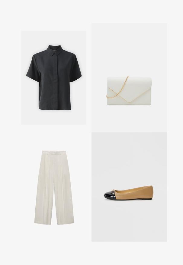 Kortærmet sort skjorte med knapper og klassisk krave, lavet af et glat stof, med lige snit og minimalistisk design.; Bredde bukser i lys beige med lodrette hvide striber. Har høj talje, plisseret front og glat tekstur.; Balletflade med en sort laklæderkappe og en glat tan krop. Har en lille guldaccent nær tærne. Flad sål for komfort.; Call it Spring QWEENBEE - Skuldertasker - white