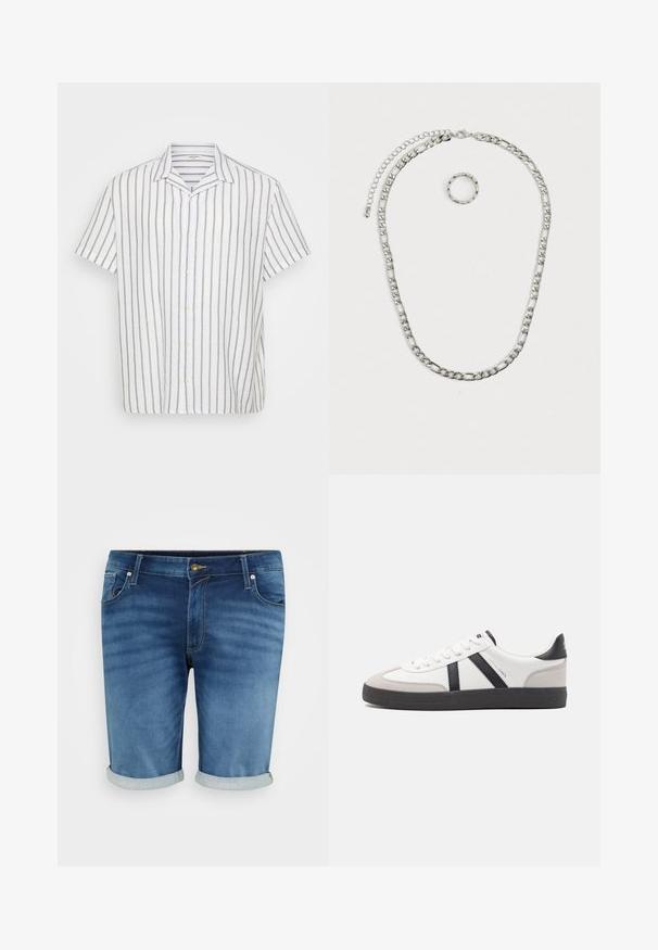 Kortærmet skjorte i hvid med grå, lodrette striber. Fremstillet af letvægtsmateriale, med standardkrave og knapper foran.; Denim shorts i mellemblå med en let fading, der har knappelukning, fem lommer og opsmøgte kanter for et afslappet look.; Hvide sneakers med sorte og grå detaljer, med en tekstureret grå tåhætte, sort gummisål og flade hvide snørebånd. Rent design, minimalistisk stil.; Sølvfarvet smykkesæt bestående af en tyk kædene med en hummerlås og en tilhørende tekstureret ring. Begge dele er skinnende og metalliske.