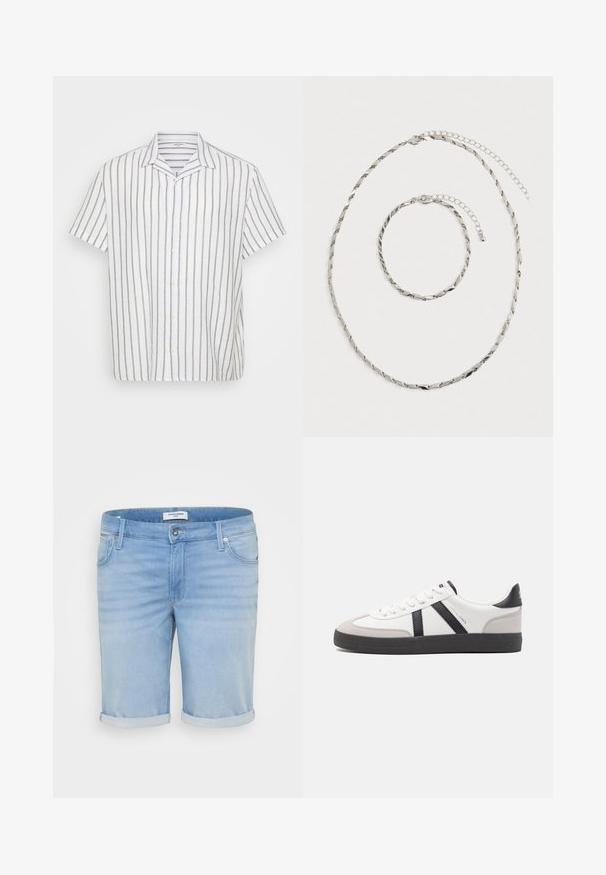 Kortærmet skjorte i hvid med grå, lodrette striber. Fremstillet af letvægtsmateriale, med standardkrave og knapper foran.; Lysblå denimshorts med en let falmet finish, opfoldede bukseben, fem-lommer design og en metalknaplukning.; Hvide sneakers med sorte og grå detaljer, med en tekstureret grå tåhætte, sort gummisål og flade hvide snørebånd. Rent design, minimalistisk stil.; Sølv snoet kæde halskæde og matchende armbånd med justerbare låse, liggende fladt på hvid baggrund.