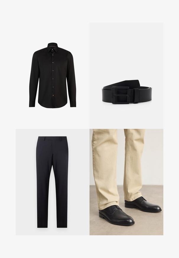 Sort langærmet skjorte lavet af glat stof, med en knaplukning fortil med kontrastknapper og et klassisk kravedesign.; Mørkeblå skræddersyede bukser med flad front, slim fit, sidelommer og en glat tekstur; ingen synlige mønstre eller dekorative elementer.; Sorte læder snørebåndssko med rund tå, glat finish og diskrete syninger, båret med lyse beige bukser.; Sort læderbælte med mat finish, der har en rektangulær metalspænde og en glat overflade. Enkel design uden mønstre eller accenter.