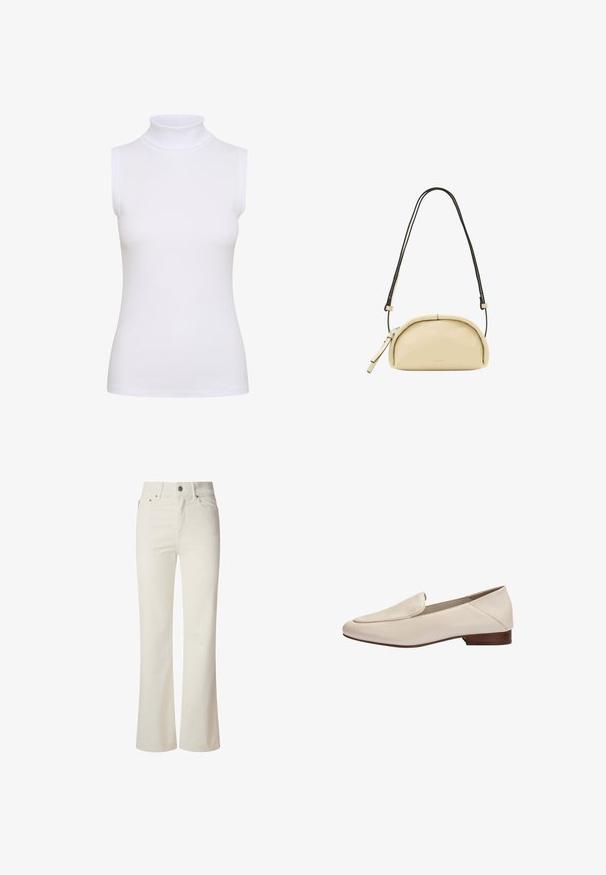 Witte mouwloze coltrui van ribstof, met een strakke pasvorm en een gladde textuur, voorzien van een hoge kraag en zonder zichtbare hardware.; Witte flared jeans van denim. Heeft een hoge taille, vijf zakken en een metalen knoopsluiting. Glad oppervlak zonder zichtbare patronen.; Beige leren loafer met lage houten hak en afgeronde vierkante neus, zijaanzicht tegen een witte achtergrond.; Beige gebogen handtas met een zwarte verstelbare schouderriem en een rits met dubbele trekker aan de linkerkant.