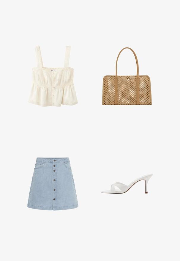 Kremfarvet ærmeløs top med brede stropper, knapper foran, blonde detaljer og et let udvidet, rynket design.; Lysblå denimnederdel med hvide striber. Har knaplukning foran, to sidelommer og en udvidet kant.; Hvid mule med åben tå, krydsede remme og en slank mellemhøj stiletthæl, vist i profil på en hvid baggrund.; Rektangulær lys brun vævet håndtaske med to lange glatte håndtag og et åbent gittermønster over hele taskens krop.