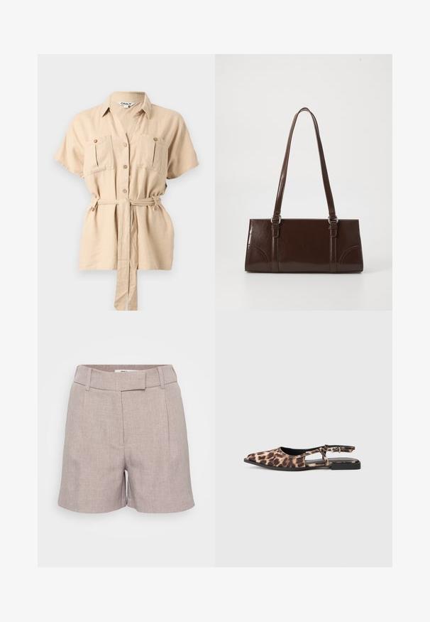 Beige kortærmet skjorte med knapper, krave, to brystlommer med knapper og et matchende stofbælte bundet om taljen.; Lysegrå linnedshorts med en struktureret overflade, der har en flad front, bæltestropper og sidelommer. Skræddersyet pasform med knælængde.; Sandal med leopardprint i flad slingback-stil, spids tå, åben side og lille sort hæl. Materialet virker glat med en let glans.; Brun lakeret håndtaske med rektangulær form, to lange håndtag og subtile buede detaljer på fronten.