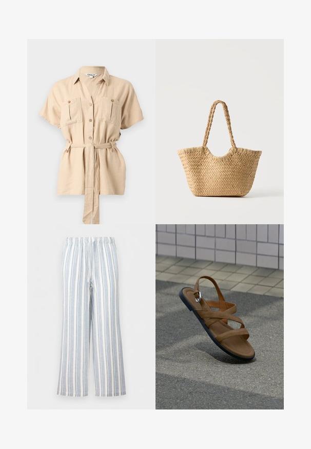 Chemise beige à manches courtes avec col, deux poches poitrine à boutons, et une ceinture en tissu assorti nouée à la taille.; Pantalon ample à rayures verticales bleues et blanches, taille élastique et cordon de serrage.; Sandale marron à brides croisées et semelle noire semblant flotter au-dessus d'une surface pavée, avec un mur carrelé en arrière-plan.; Sac cabas en paille tressée avec large base, poignées tressées et couleur beige naturel sur fond blanc uni.