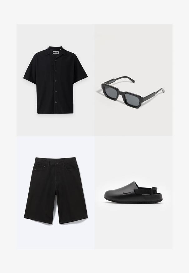 Schwarzes kurzärmliges Hemd mit Knopfleiste und strukturiertem Rippdesign, ausgestattet mit einem Kragen und fünf Knöpfen auf der Vorderseite, aus einem glatten Stoff gefertigt.; Schwarze knielange Jeansshorts mit Frontknopf, Gürtelschlaufen und fünf Taschen, dargestellt vor weißem Hintergrund.; Schwarze geformte Clogs mit glatter Textur, einem Hinterriemen für Stabilität und einer geriffelten Sohle für Grip. Mit kleinem Logo an der Seite.; Schwarze rechteckige Sonnenbrille mit dicken Rahmen und dunkel getönten Gläsern, schräg auf weißem Hintergrund.