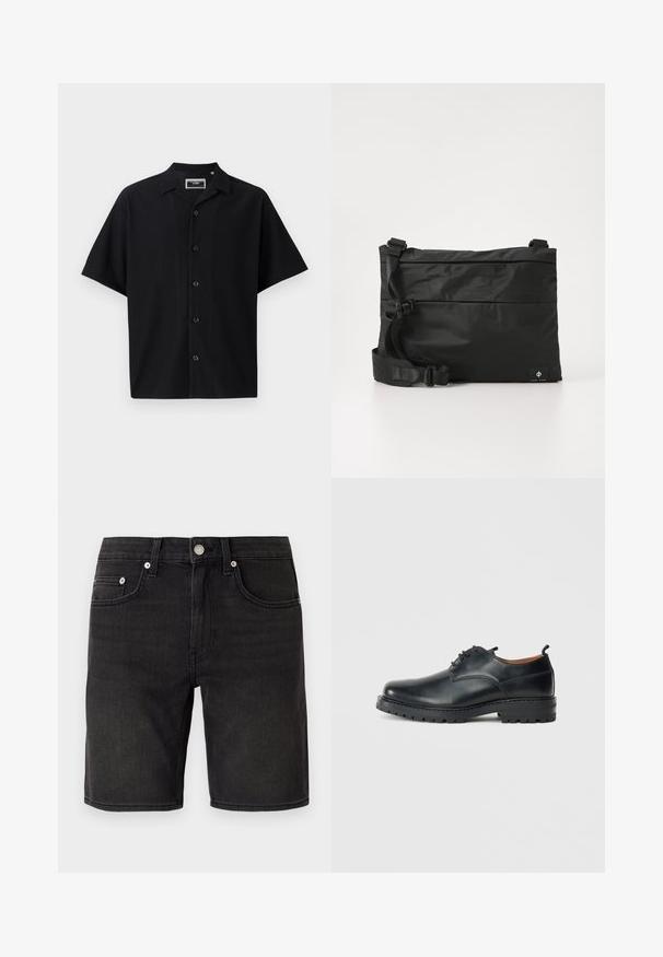 Must have lühikeste varrukatega must nööbiliistuga särk, millel on tekstureeritud sooneline design, krae ja viis esist nööpi, valmistatud siledast kangast.; Mustad denim lühikesed püksid, millel on klassikaline viie-tasku disain, metallist nupp ja peened õmblusdetailid. Sile tekstuur, põlvini ulatuv istuvus.; Mustad nahast derby kingad, millel on sile tekstuur, ümar varvas, nööpidega sulgemine ja paks, tugev kummist tald.; Mustast nailonist kullerikott reguleeritava rihmaga, lame disain ja külgedel asuv logo sildiga. Sile tekstuur ja minimalistlik stiil.