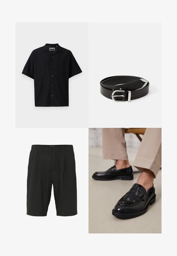 Camisa negra de manga corta con botones, con un diseño texturizado de canalé, que presenta un cuello y cinco botones en la parte delantera, hecha de un tejido suave.; Pantalones cortos negros hechos de tejido texturizado, con un corte relajado, pliegues y una cinturilla elástica para mayor comodidad.; Mocasines de cuero negro con un acabado suave, que cuentan con una correa decorativa y costuras en contraste, combinados con pantalones beiges.; Cinturón de piel negra con una hebilla de metal plateado, que presenta un diseño clásico y una textura suave. Incluye agujeros para ajuste.