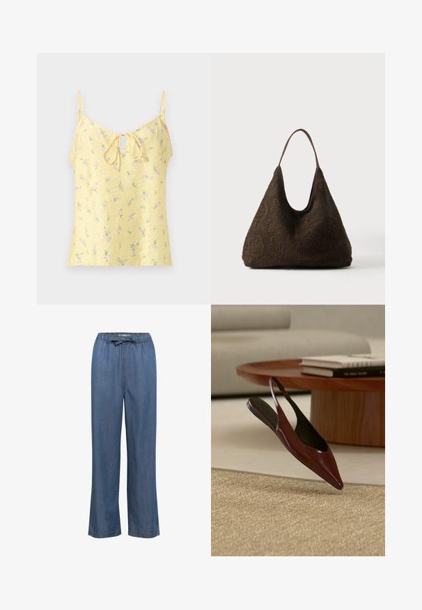 Gul ærmeløs camisole med justerbare stropper, små pink blomsterprint og bindedetalje foran over en nøglehulsudskæring.; Bredde denim bukser i en mellemblå tone, med en elastisk talje og justerbar snor samt lige ben for en afslappet pasform.; Mørkebrun spids slingback, flad sko svæver over et vævet beige tæppe med et rundt bord i træ og bøger i baggrunden.; Mørkebrun skuldertaske med mønstret blomsterhækling og en enkelt tynd strop på ensfarvet baggrund.