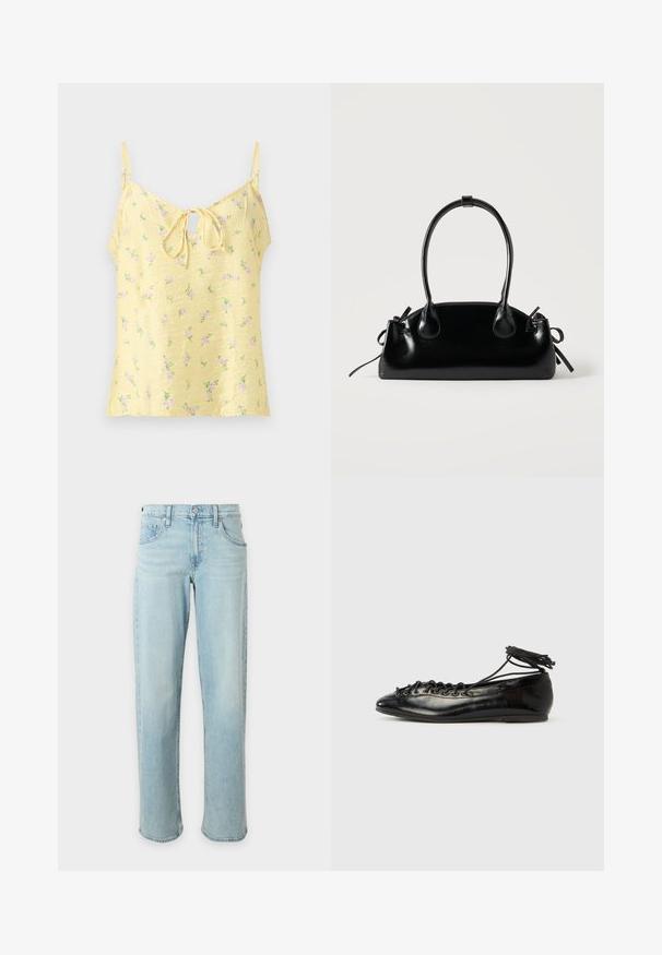Camisole jaune sans manches avec bretelles réglables, petit motif floral rose et détail de nœud à l'avant sur un décolleté en clé.; Jean bleu clair à jambes droites avec poches avant et ceinture boutonnée sur fond blanc uni.; Ballerines en cuir verni noir avec un bout rond, un design à lacets et une semelle plate. Texture lisse avec peu de détails.; Petit sac à main noir brillant avec deux longues anses et des détails à cordon sur les côtés sur un fond clair uni.