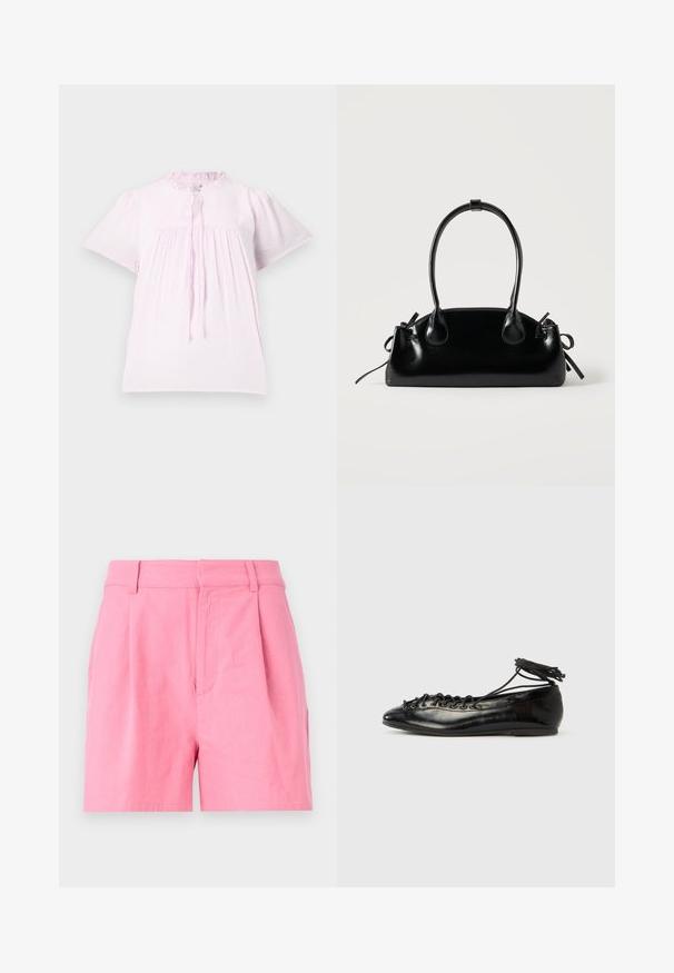 Blouse rose clair à manches courtes avec un col froncé, en tissu texturé et avec des détails froncés. Elle dispose d'une fermeture à lien au cou.; Shorts roses en coton avec une texture lisse, dotés de plis, d'une taille élastique et de poches latérales pour plus de fonctionnalité.; Ballerines en cuir verni noir avec un bout rond, un design à lacets et une semelle plate. Texture lisse avec peu de détails.; Petit sac à main noir brillant avec deux longues anses et des détails à cordon sur les côtés sur un fond clair uni.