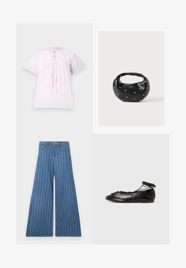Helles rosa Kurzarmbluse mit Rüschensaum, strukturiertem Stoff und gerafften Details. Mit einer Bindeschließe am Hals.; Weite Jeans in mittlerem blauen Denim mit vertikalen Streifen, ausgestattet mit einem Knopfverschluss, fünf Taschen und einer gestickten Detailierung entlang der Nähte.; Schwarze Ballerinas aus Lackleder mit runder Spitze, Schnürdesign und flacher Sohle. Glatte Textur mit minimaler Verzierung.; Schwarze Lederhandtasche mit abgerundeter Form, verziert mit silbernen Nietenakzenten und kurzem Griff. Glatte Struktur und Reißverschlussverschluss.