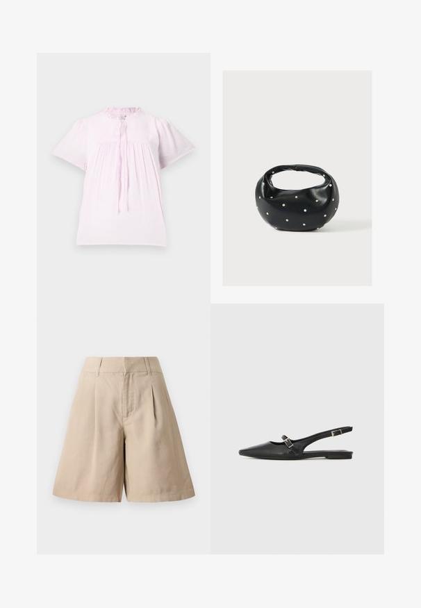 Blouse rose clair à manches courtes avec un col froncé, en tissu texturé et avec des détails froncés. Elle dispose d'une fermeture à lien au cou.; Shorts en coton beige avec des plis, dotés d'une taille haute et d'une coupe droite. Leur texture lisse et leur design ajusté offrent une apparence structurée.; Chaussures slingback en cuir noir avec un bout pointu, comprenant une lanière étroite et un accent de boucle argentée sur le côté. Semelle plate.; Sac à main en cuir noir de forme arrondie, décoré de clous argentés et équipé d'une poignée courte. Texture lisse et fermeture éclair.