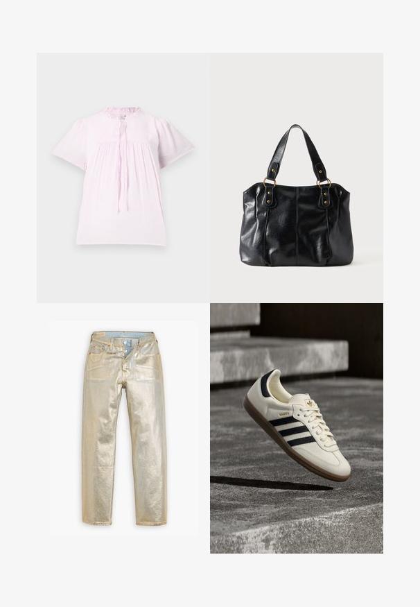 Blouse rose clair à manches courtes avec un col froncé, en tissu texturé et avec des détails froncés. Elle dispose d'une fermeture à lien au cou.; Jeans métalliques dorés au design droit, cinq poches, quincaillerie en cuivre et finition texturée. Présente une taille en denim bleu.; Baskets blanches Adidas Samba avec des bandes noires et une semelle en gomme, flottant au-dessus de marches en béton gris texturé.; Sac à épaule en cuir noir avec double anses attachées par des anneaux et rivets dorés, surface lisse et légèrement brillante, design simple.