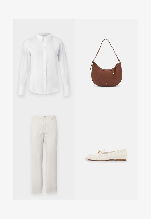 Chemise blanche à boutons avec manches longues, col classique et coupe ajustée. Tissu en coton lisse avec un léger éclat et sans motifs.; Pantalons beiges à jambes droites avec passants de ceinture, fermeture à bouton à l'avant et braguette zippée sur fond blanc uni.; Mocassins en cuir blanc à semelle plate, avec un détail de boucle en ton doré et une finition lisse. Design classique aux lignes simples.; Sac à épaule en faux cuir brun, de forme arrondie, avec des coutures minimales et un accent en matériel doré. Il possède une fermeture zippée sur le dessus et une sangle réglable.