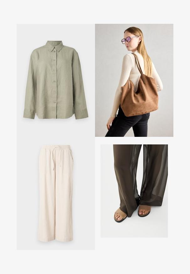 Chemise en lin vert clair à boutons, avec col, manches longues et patte de boutonnage avec six boutons à l'avant. Texture douce et coupe décontractée.; Pantalons large en lin beige avec une taille élastique et des poches avant. Texture lisse, tissu léger, design longueur cheville.; Pieds en sandales ouvertes en suède beige partiellement recouverts par un pantalon large en tissu transparent marron foncé sur fond blanc.; Sac fourre-tout en daim marron avec une texture douce, grande ouverture et longues sangles. Présente un design simple avec des coutures visibles et sans matériel.