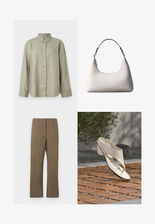 Chemise en lin vert clair à boutons, avec col, manches longues et patte de boutonnage avec six boutons à l'avant. Texture douce et coupe décontractée.; Pantalons droits marron en tissu mélangé de coton. Comprend des passants de ceinture, une poche avant et une texture lisse sans motifs.; Sandale à talon en cuir blanc avec une large bride et un entre-doigts, exposée en extérieur sur une surface carrelée en bois et en gravier avec de la verdure en arrière-plan.; Sac à bandoulière en cuir couleur crème de Calvin Klein avec bord supérieur incurvé, fermeture éclair argentée et sangle ajustable brun foncé.
