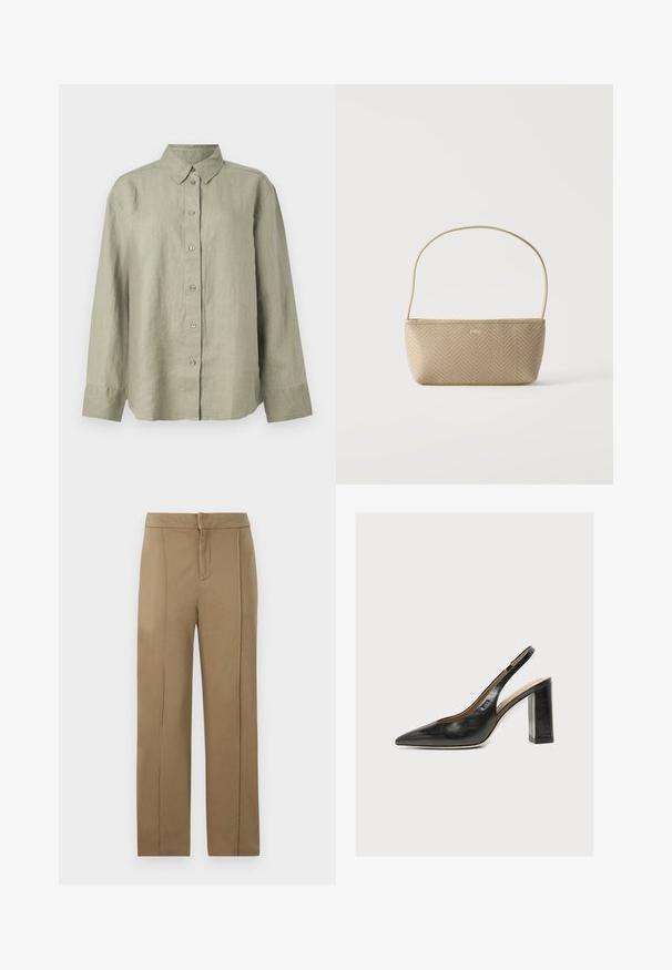 Hellgrünes Leinen-Hemd mit Knopfleiste und Kragen, langen Ärmeln und einer Vorderseite mit sechs Knöpfen. Weiche Textur und lockere Passform.; Khaki-Hosen aus glattem Stoff, mit einer mittelhohen Taille, geradem Bein und zwei vertikalen Nähten für zusätzlichen Details.; Schwarzer Leder-Damenslingback-Pumps mit spitzer Zehenpartie und dickem hohem Blockabsatz auf weißem Hintergrund.; Beige gewebte Handtasche mit dünnem Schulterriemen und kleinem goldenen "BOSS" Logo vorne, vor weißem Hintergrund präsentiert.