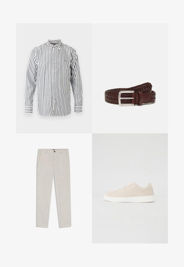 Camisa de manga larga con botones, con rayas verticales blancas y negras y un pequeño logo en el pecho izquierdo.; Pantalones de vestir para hombre en beige claro con trabillas para cinturón, bolsillos laterales, cierre con botón y cremallera, colocados planos sobre un fondo blanco.; Zapatillas de ante beige con suelas de goma blanca, puntera redondeada y seis ojales para los cordones. Textura suave con un diseño minimalista.; Anderson's Cinturón - brown