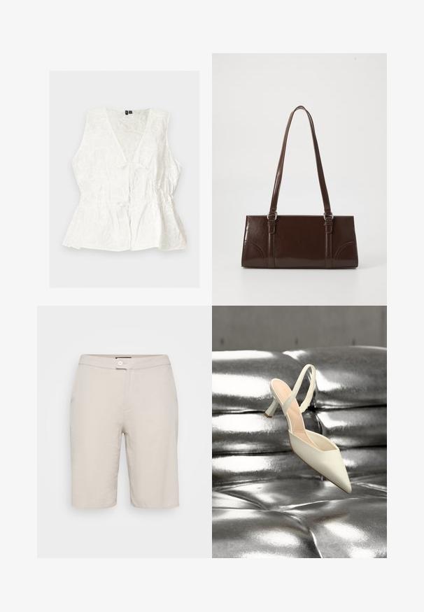 Ærmeløs hvid bluse med V-hals, blomster tekstureret mønster, rynket talje og bindedetalje foran, lagt fladt på en lys baggrund.; Beige bomulds shorts med en knappelukning, to sidelommer og en lige pasform. Har en glat tekstur og et enkelt design.; Enkelt hvid spids slingback højhælet sko liggende på en skinnende, metallisk sølv tuftet overflade.; Brun lakeret håndtaske med rektangulær form, to lange håndtag og subtile buede detaljer på fronten.
