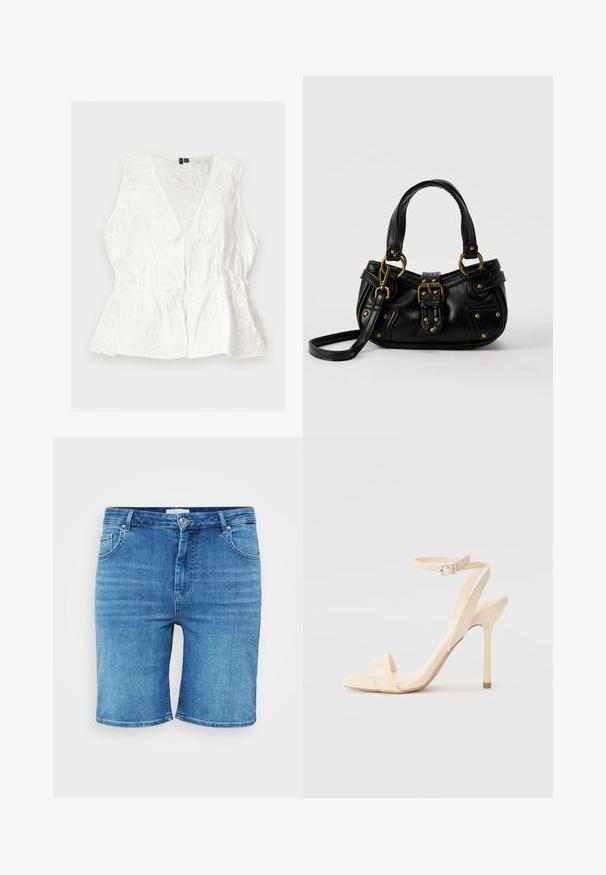 Ærmeløs hvid bluse med V-hals, blomster tekstureret mønster, rynket talje og bindedetalje foran, lagt fladt på en lys baggrund.; Denim shorts i mellemblå farve, med lige snit, fem-lomme design og knaplukning. Blød tekstur, rene kantede kanter.; Beige højhælede sandaler med en slank ankelrem og firkantet tå. Glat syntetisk materiale, minimalistisk design og stiletto-hæl.; Sort læderhåndtaske med guldbælge og nitdetaljer, korte håndtag og en justerbar skulderrem på en ensfarvet hvid baggrund.
