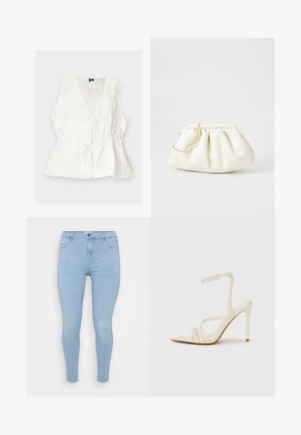 Ärmellose weiße Bluse mit V-Ausschnitt, floraler Struktur, geraffter Taille und vorderer Bindedetail, flach auf hellem Hintergrund ausgelegt.; Helle blaue Skinny-Jeans aus Denim, mit Knopfverschluss, fünf Taschen und einer glatten, leicht gewaschenen Textur.; Beige Sandaletten mit hohem Absatz und spitzer Schuhspitze, ausgestattet mit drei vorderen Riemen und einem dünnen Knöchelriemen mit Schnalle. Glatte Textur, minimalistisches Design.; Weiße Lederhandtasche mit einem gerafften Design, ausgestattet mit einem goldenen Kettenriemen und einer runden Form. Glatte Textur mit sanften Falten und ohne Muster.