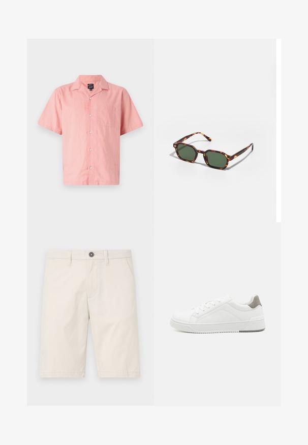 Chemise rose à manches courtes en tissu léger, avec un devant à boutons, un col et une poche poitrine. Design et texture simples.; Shorts beige clair en coton, avec une coupe droite, deux poches latérales et un bouton noir à la taille.; Basket blanche en cuir lisse, à bout arrondi, design minimaliste, accent de talon gris et semelle en caoutchouc texturé.; Lunettes de soleil en écaille de tortue avec des verres verts, présentant une forme octogonale et des branches minces et courbées. Le matériau a une finition brillante.