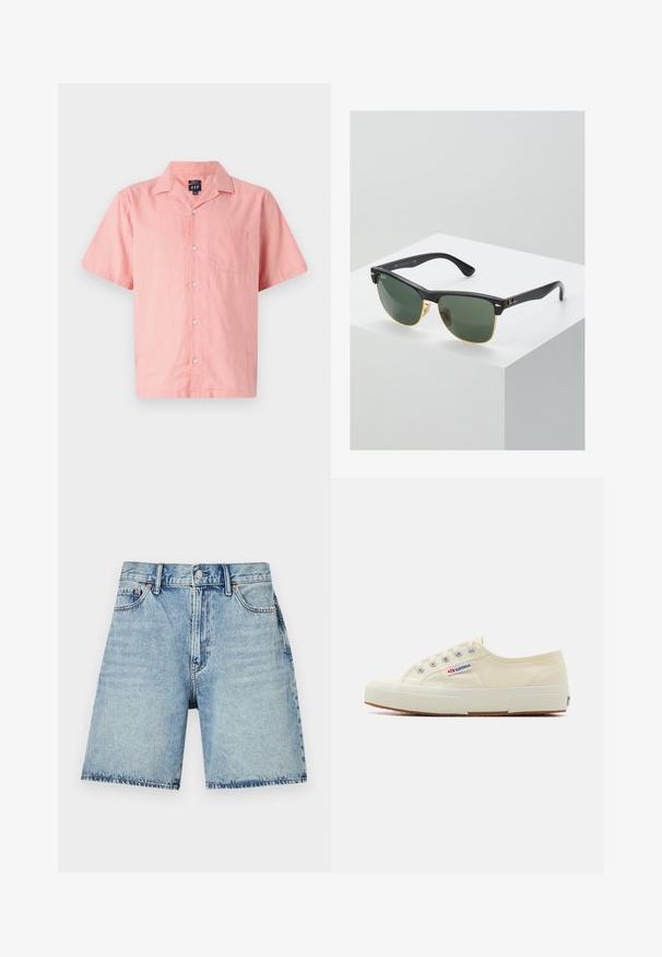 Chemise rose à manches courtes en tissu léger, avec un devant à boutons, un col et une poche poitrine. Design et texture simples.; Shorts en denim bleu clair à coupe droite, avec cinq poches et des coutures visibles. Fermeture à boutons à l'avant.; Baskets en toile beige au design épuré, œillets en métal et semelle en caoutchouc. Présente un motif texturé et un détail de logo sur le côté.; Lunettes de soleil Ray-Ban avec des verres verts, monture en plastique noir et accents dorés sur les bords. Forme carrée avec une finition mate.