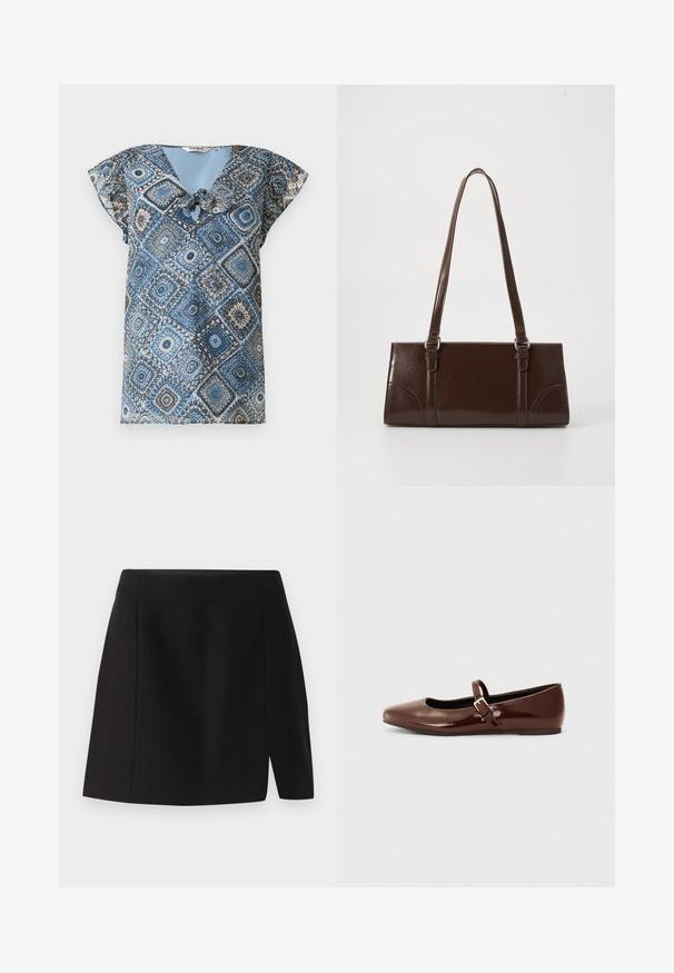 Blusa de manga corta con patrón azul y marrón con motivos de diamante y círculos, escote en V y detalle de lazo delantero.; Mini falda negra hecha de una tela suave, con una cintura ajustada y una abertura frontal que añade un toque moderno a su diseño sencillo.; Bailarina de charol marrón con punta cuadrada y tira que presenta una pequeña hebilla dorada. Textura suave, tacón bajo y diseño minimalista.; Bolso de mano de piel sintética marrón con forma rectangular, dos asas largas y sutiles acentos curvados en la parte delantera.