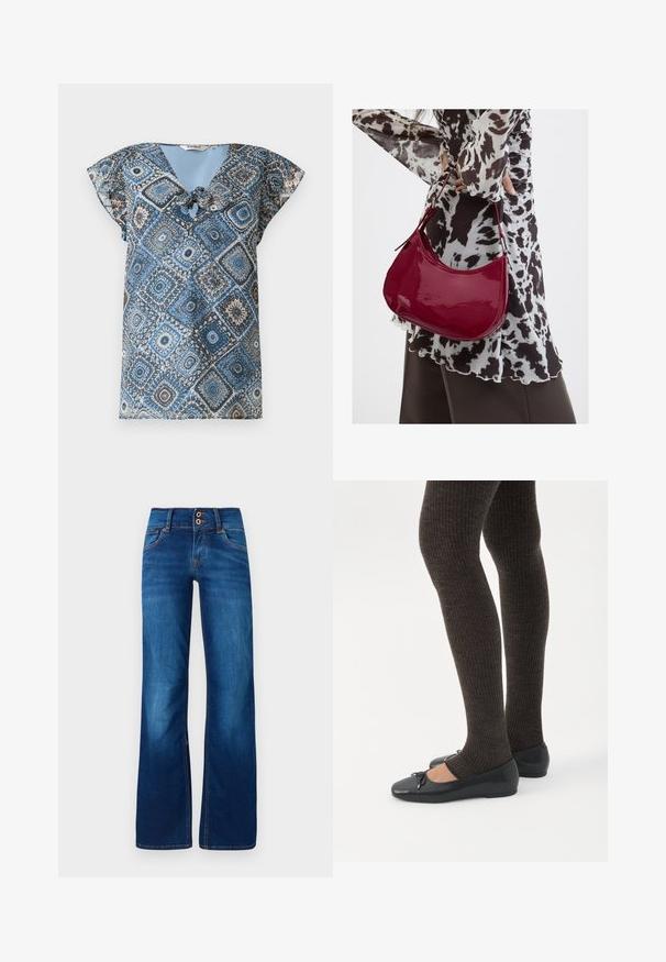 Blusa de manga corta con patrón azul y marrón con motivos de diamante y círculos, escote en V y detalle de lazo delantero.; Jeans de pernera ancha en denim azul, con dos botones frontales, costuras naranjas y una textura suave. Diseño clásico de cinco bolsillos.; Piernas con leggings oscuros acanalados combinados con bailarinas negras que presentan pequeños detalles de lazo sobre un fondo blanco.; Mujer con blusa de estampado en blanco y negro sosteniendo un bolso de hombro rojo brillante sobre un fondo liso.
