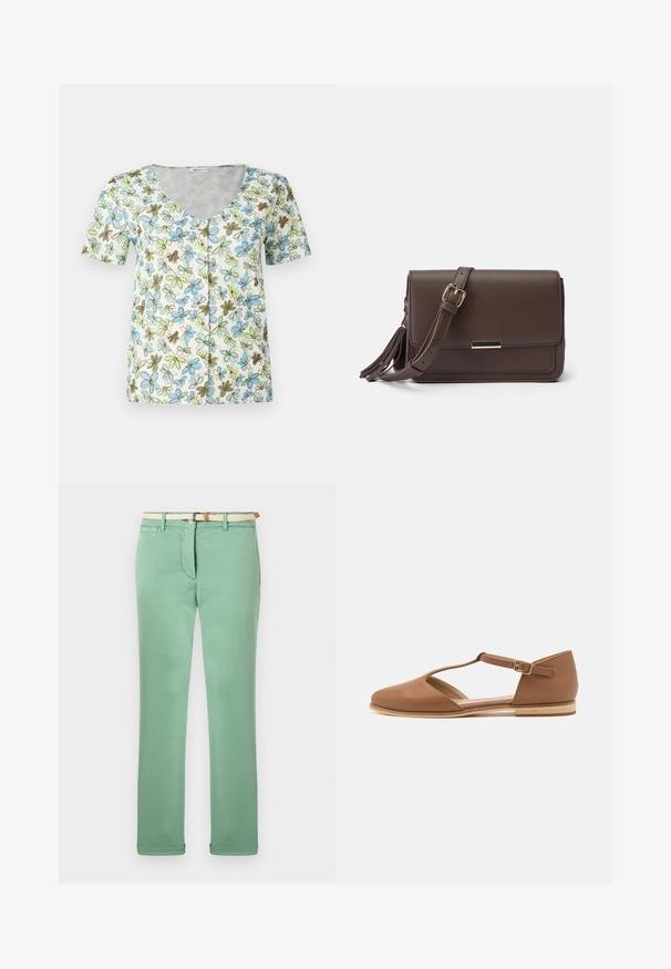 Top à manches courtes à fleurs avec un décolleté en V, une fermeture à boutons et un fond blanc orné de motifs de fleurs bleues, vertes et brunes.; Pantalon vert clair en coton, avec une coupe droite, une ceinture tissée beige et des poches avant. Texture lisse avec un minimum de couture.; Chaussure plate en cuir brun avec un design à découpes, une bride de cheville et une semelle en bois clair. Présente un bout arrondi et une texture lisse.; Sac bandoulière en simili cuir marron avec un rabat, quincaillerie dorée et détail de frange sur le côté. Bandoulière ajustable pour un port polyvalent.