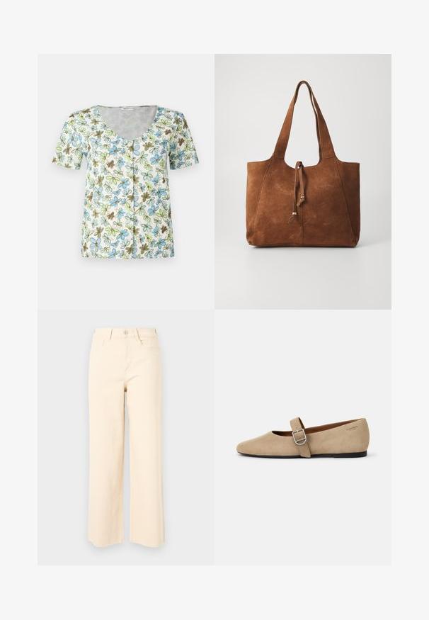 Blomstret kortærmet top med V-hals, knaplukning foran og en hvid baggrund med blå, grønne og brune blomster mønstre.; Beige bredde ben jeans lavet af bomuld, med høj talje, knaplukning og to forlommer med en glat, tekstureret overflade.; Beige ruskind Mary Jane flade sko med spids tå og et enkelt justerbart strop med en sølv spænde. Sort flad sål.; Brun ruskinds tote bag med to lange håndtag, snøre lukning og glat tekstur. Har et enkelt design og minimale accenter.