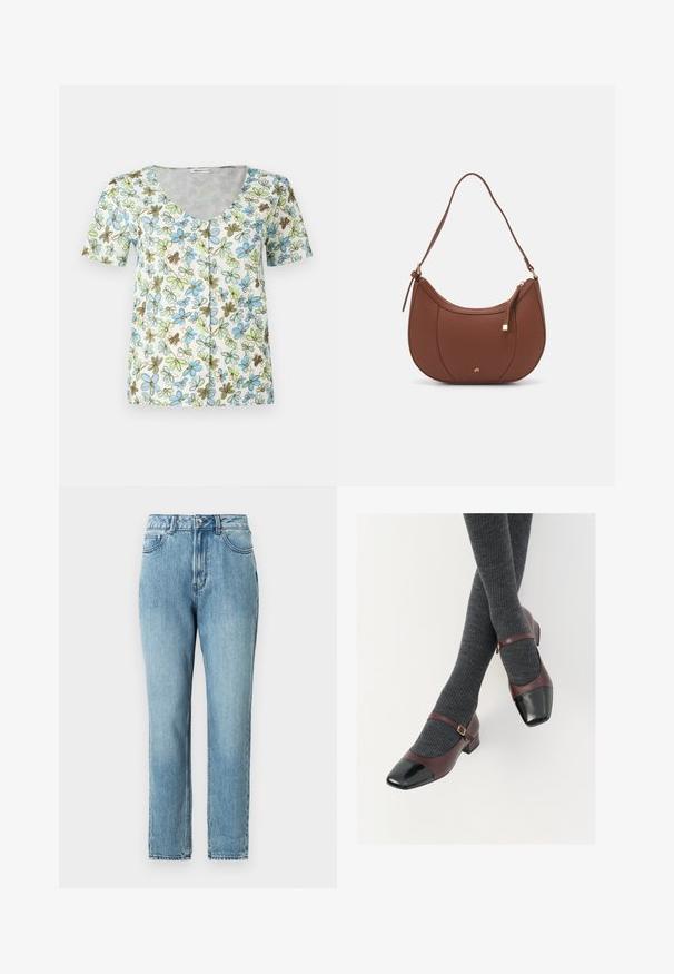 Blomstret kortærmet top med V-hals, knaplukning foran og en hvid baggrund med blå, grønne og brune blomster mønstre.; TOM TAILOR DENIM Mom-jeans - clean mid stone blue denim; Burgunderrøde læder Mary Jane-sko med en sort laktoej og tynd ankelrem; båret med mørkegrå ribbede strømper. Lav blokhæl.; Brun faux læder skuldertaske med buet form, minimal syning og en guldtonet hardwaredetalje. Har en top lynlåslukning og justerbar rem.