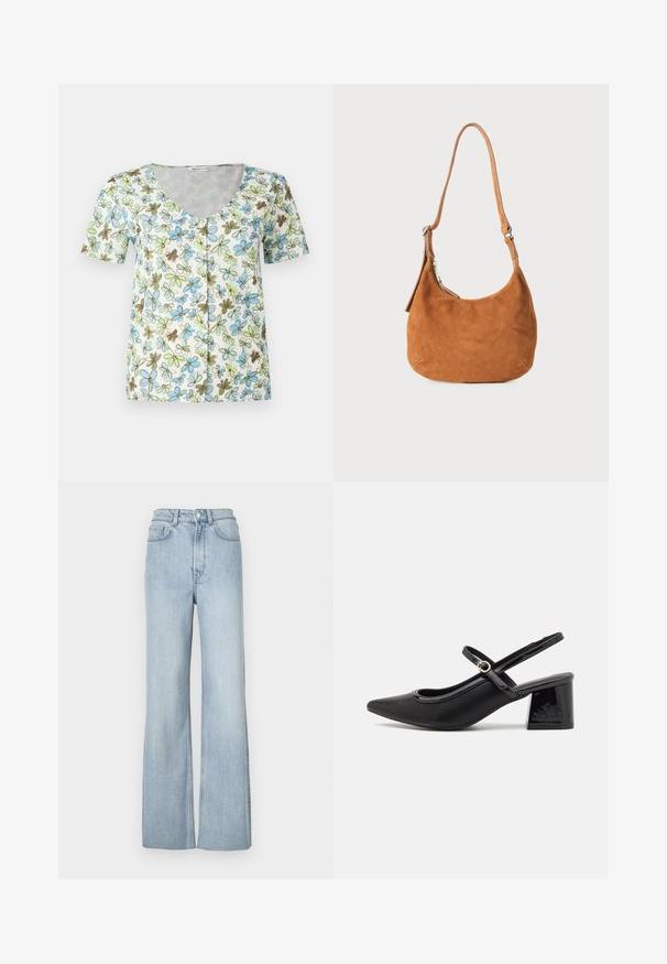 Blomstret kortærmet top med V-hals, knaplukning foran og en hvid baggrund med blå, grønne og brune blomster mønstre.; Lyseblå denim flared jeans med høj talje, der har frontlommer og subtile syninger langs benene.; Sorte patentlæder slingback hæle med spids tå, rund udskæring og blokhæl. Har en guldtonet spændeaccents.; Tan ruskinds skuldertaske med buet design, justerbar rem, metallynlås og præget logo-detail på forsiden.