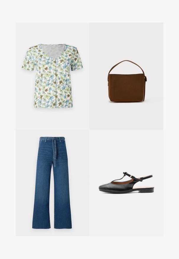 Blumen-T-Shirt mit kurzen Ärmeln, V-Ausschnitt, Knopfleiste und einem weißen Hintergrund mit blauen, grünen und braunen Blumenmustern.; TOM TAILOR DENIM TTMIJA CULOTTE FIT - Flared Jeans - used mid stone blue denim; Schwarzer flacher Lederslingback-Schuh mit T-Riemen und goldener Schnalle auf neutralem Hintergrund.; Braune rechteckige Schultertasche mit einem einzelnen breiten Griff und Schnallen-Detail, vor einem schlichten weißen Hintergrund.